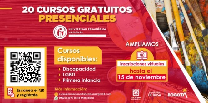  La Alcaldía Local en aras de identificar los talentos artísticos de los bosunos y contribuir a su proceso formativo, impartirá 20 cursos de 40 horas de duración que se realizan en encuentros semanales presenciales.