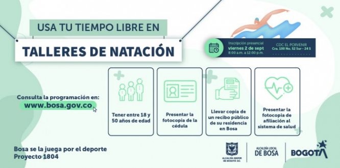 La alcaldía de Bosa, en aras de generar espacios para el aprovechamiento del tiempo libre y actividades que exhorten las prácticas deportivas, llevará a cabo talleres de natación para población adulta.