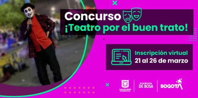 La Alcaldía de Bosa convoca a los habitantes de la localidad, en el marco del proyecto 1746 Bosa Cuida y protege, a la Jornada de Teatro en Bosa, en la que las familias, pondrán visibilizar desde su cotidianidad, buenas prácticas, para la generación de entornos protectores y territorios seguros. Las familias, son las protagonistas de sus historias.