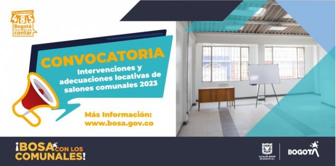 En el marco del proyecto de inversión No. 1814 “Espacios activos de participación con insumos para que la ciudadanía haga parte de un gobierno abierto”, la Alcaldía Local de Bosa abre las inscripciones para la adecuación de salones comunales de Bosa 2023 ¡Bosa comprometida con los comunales!