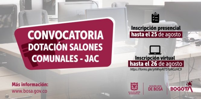 La Alcaldía Local agradece a las Juntas de Acción Comunal de la localidad de Bosa, por atender al llamado de la convocatoria para la dotación de salones comunales, que se adelantó en el mes de agosto. 