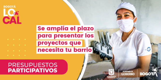 Ante el interés que ha despertado en la ciudadanía la presentación de propuestas para llevar a cabo en los barrios de Bogotá, que serán financiadas por las Alcaldías locales, y la solicitud de ampliar el plazo para presentarlas, la Secretaría de Gobierno, la Secretaría de Planeación y el Instituto Distrital de Participación y Acción Comunal (IDPAC) extenderán la convocatoria hasta el próximo 13 de noviembre, para que la gente presente sus proyectos, en el marco de la segunda fase de los Presupuestos Participativos. Se amplía el plazo hasta el 13 noviembre para que los ciudadanos sigan presentando sus propuestas para mejorar sus barrios