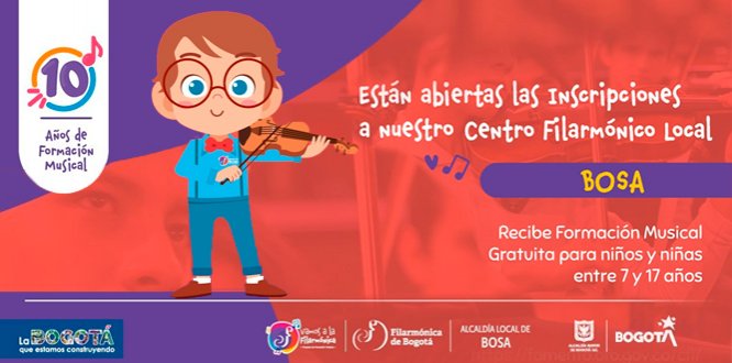 La Filarmónica de Bogotá hace una invitación a todos los niños, niñas, jóvenes y adolescentes, para que se inscriban y hagan parte del Programa de Formación Musical Vamos a la Filarmónica. Se trata de un programa gratuito, dirigido a menores entre los 7 y los 17 años de edad, que tengan interés por el canto coral y la práctica instrumental. Para participar no es indispensable contar con conocimientos previos sobre música.
