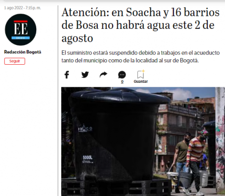 Atención: en Soacha y 16 barrios de Bosa no habrá agua este 2 de agosto