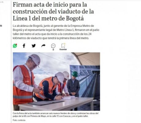 La alcaldesa de Bogotá, junto al gerente de la Empresa Metro de Bogotá y el representante legal de Metro Línea 1, firmaron en el patio taller del metro el acta que da inicio a la construcción de los 24 kilómetros de viaducto que tendrá la primera línea del metro.